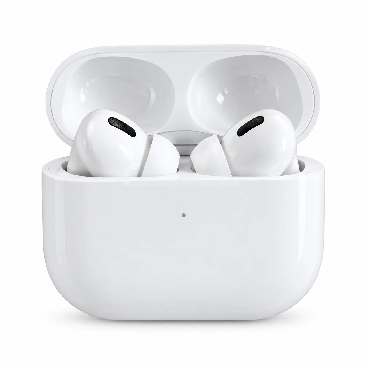 White wireless earbuds in an open charging case on a pure white background