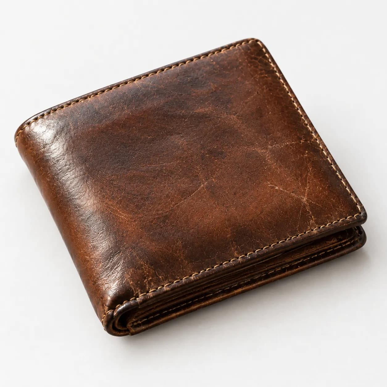 Brown leather bifold wallet on a clean light background, shot from above