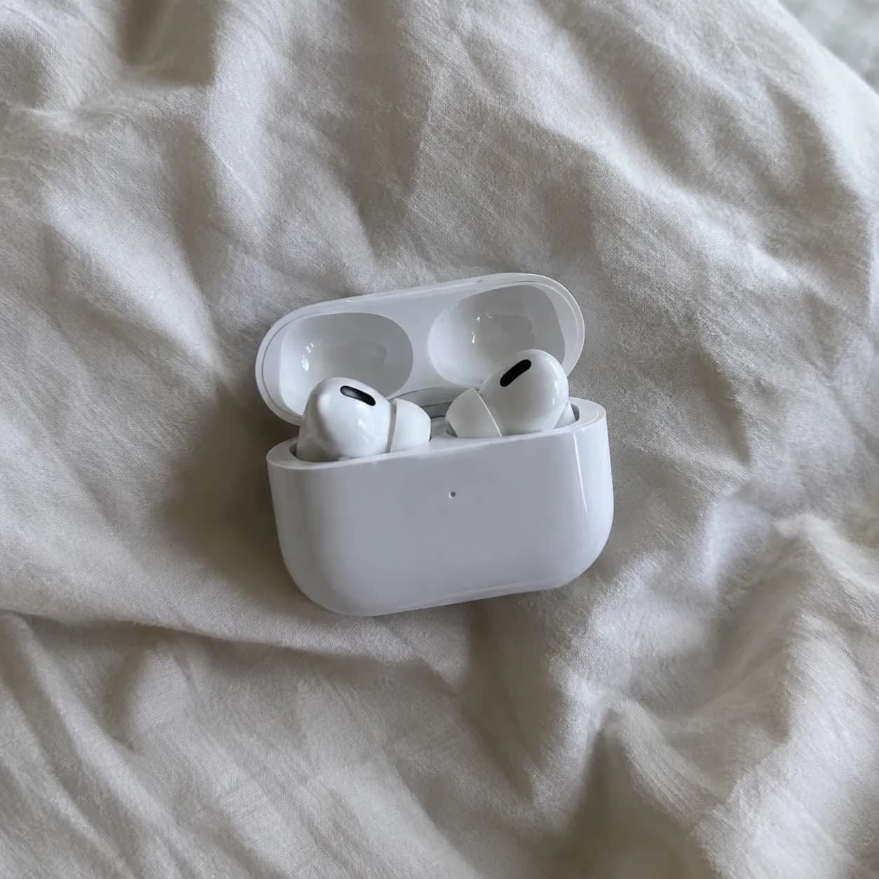 Original snapshot of the earbuds case on rumpled white bedding