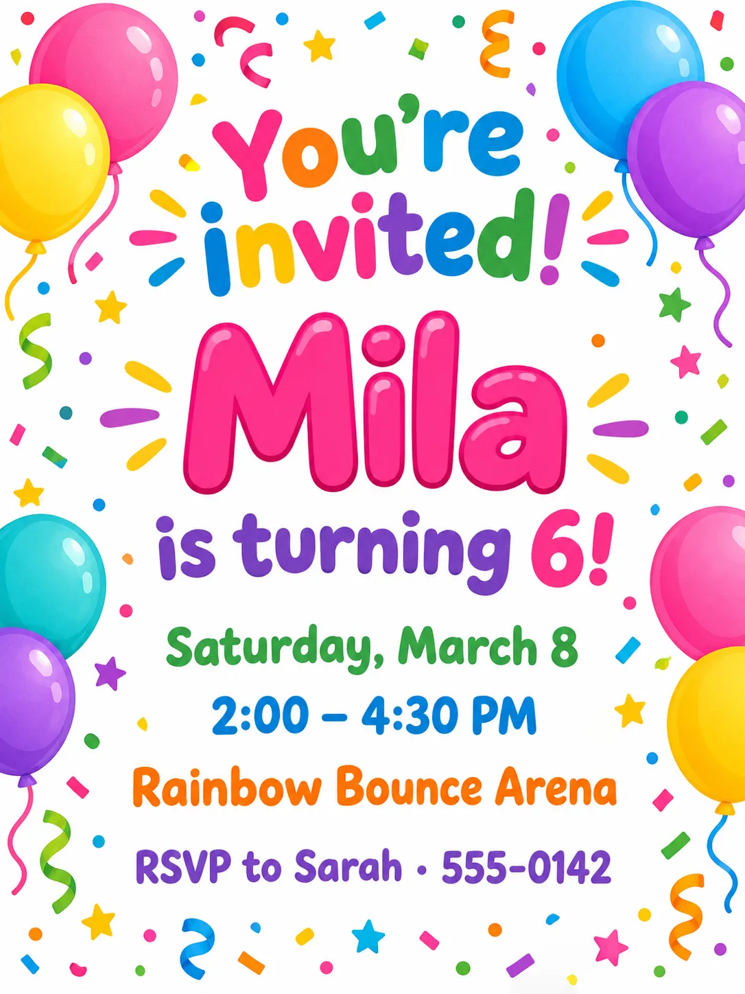 Colorful balloons-and-confetti birthday invitation for Mila's 6th birthday at Rainbow Bounce Arena