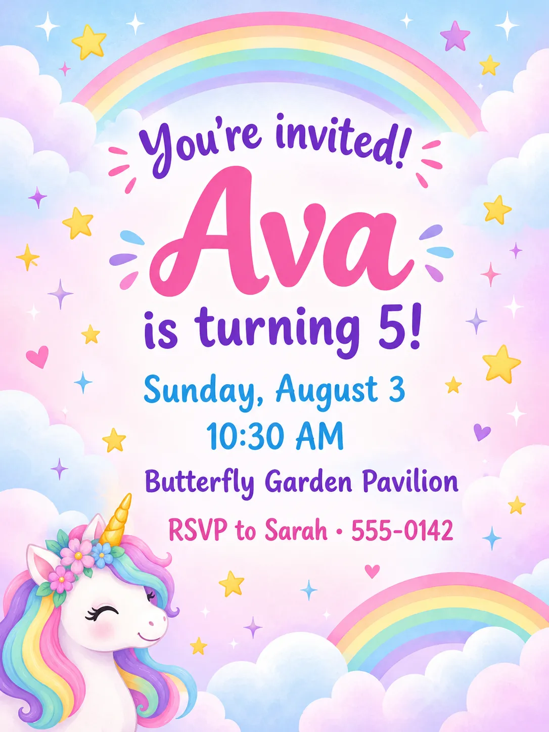 Pastel unicorn and rainbow birthday invitation for Ava's 5th birthday at Butterfly Garden Pavilion, with a unicorn and butterflies