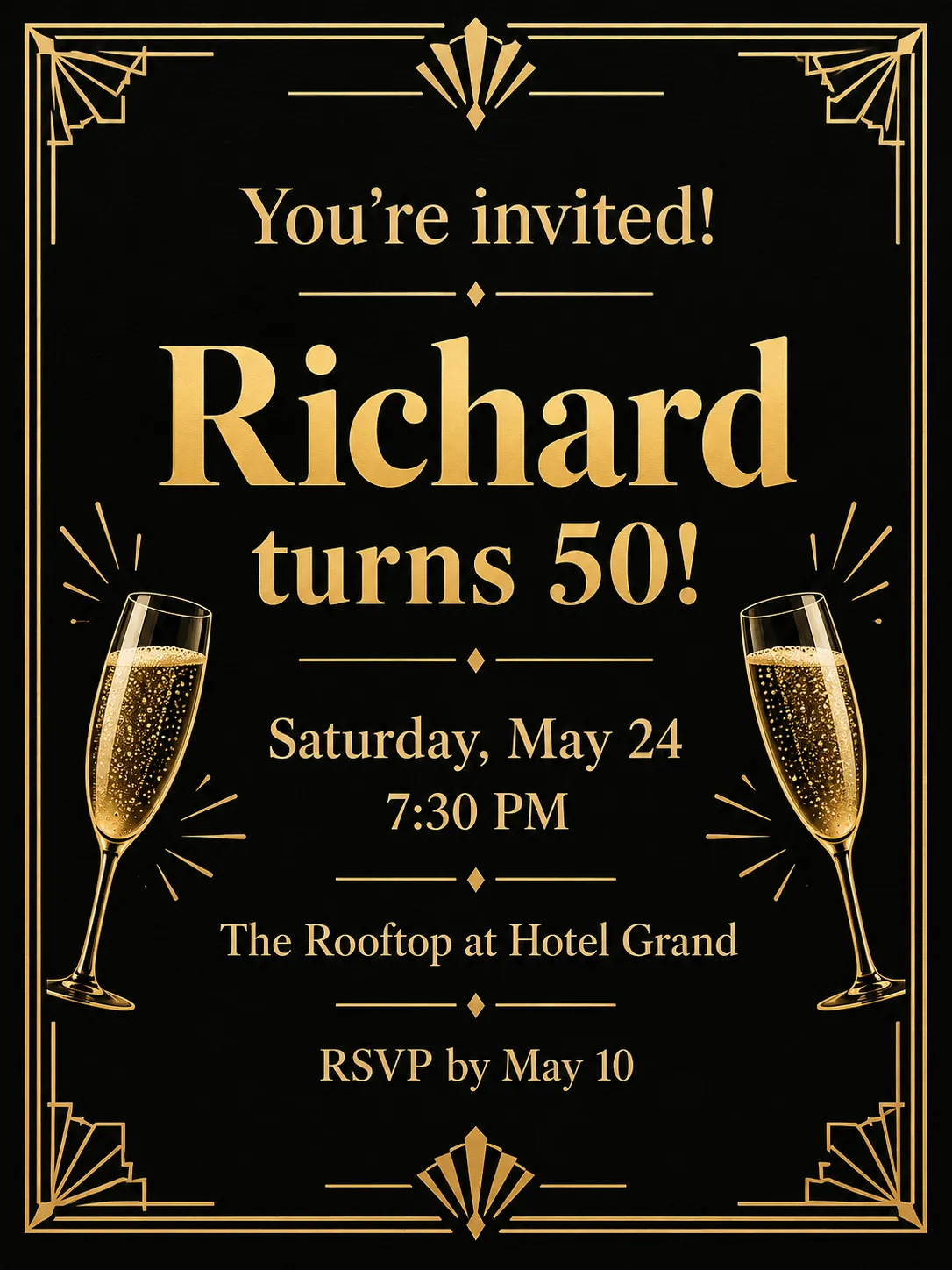 Elegant black-and-gold birthday invitation for Richard's 50th birthday at The Rooftop at Hotel Grand, with champagne glasses
