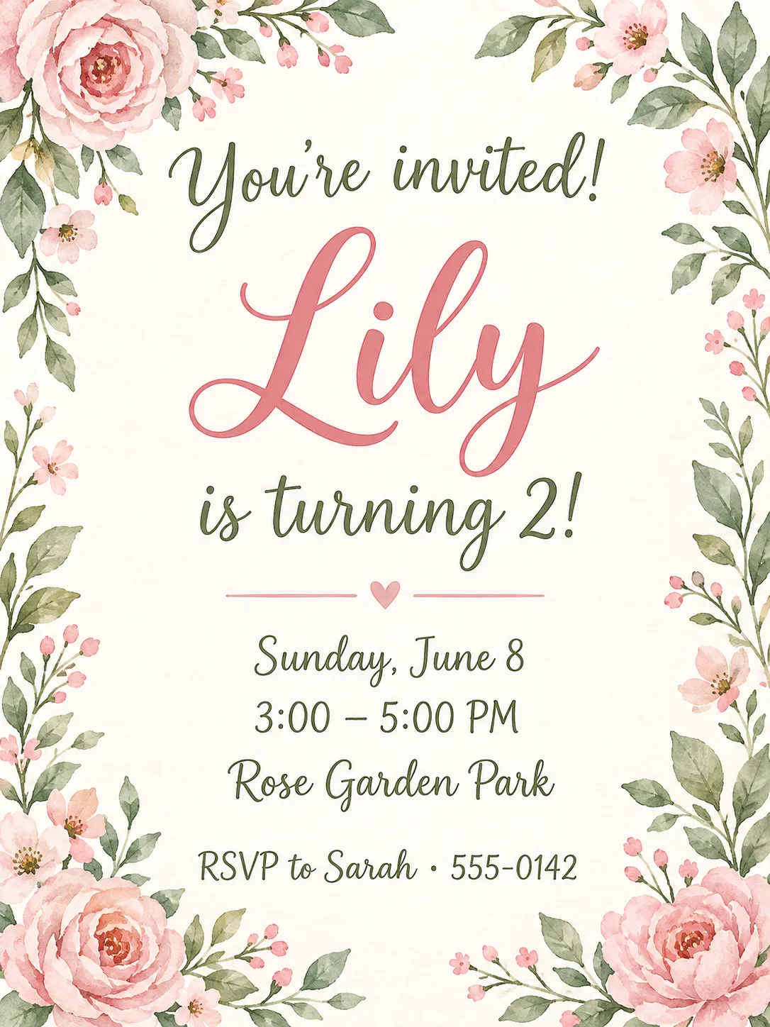 Soft floral birthday invitation for Lily's 2nd birthday at Rose Garden Park