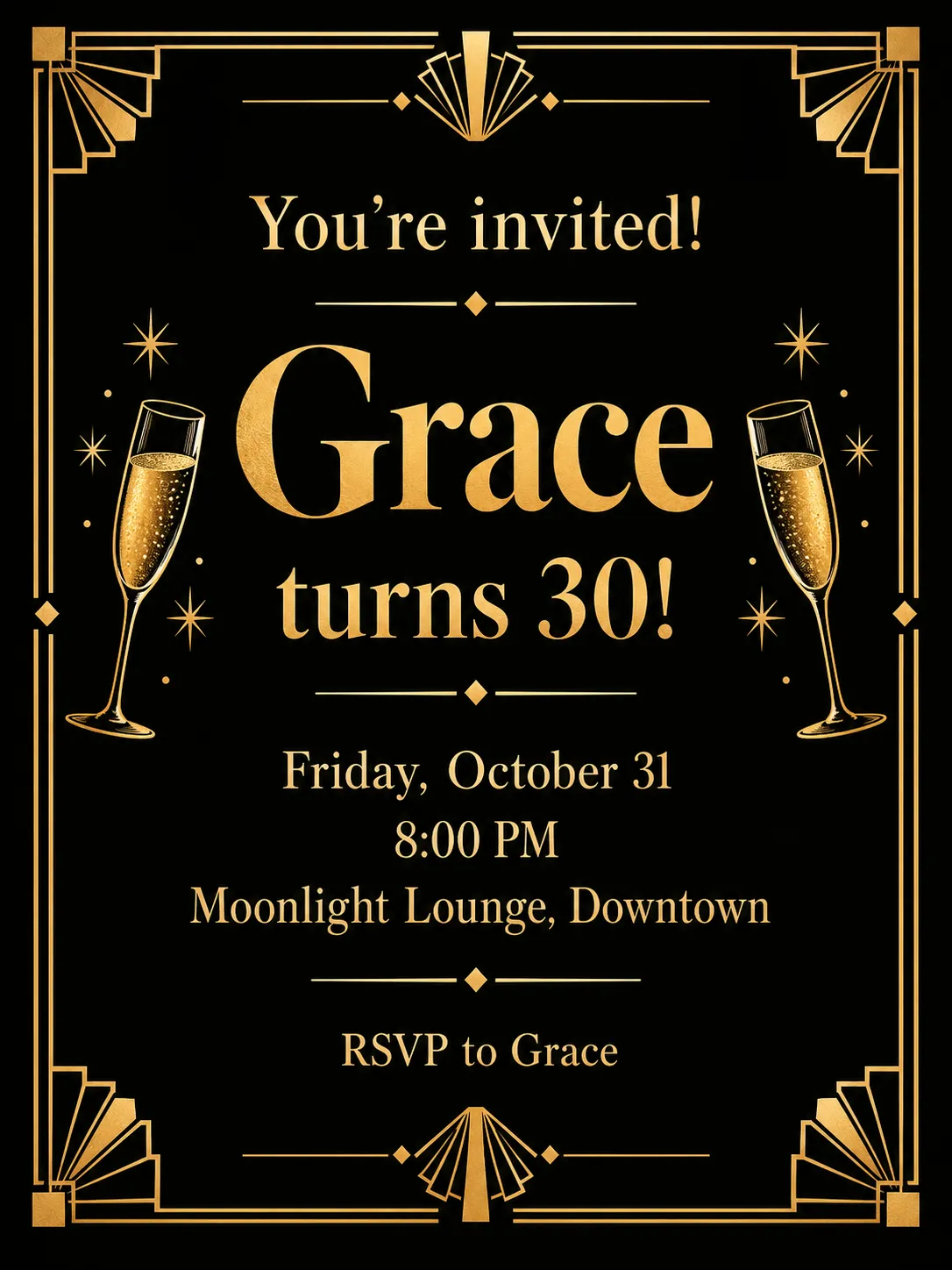 Elegant black-and-gold birthday invitation for Grace's 30th birthday at Moonlight Lounge, with champagne glasses