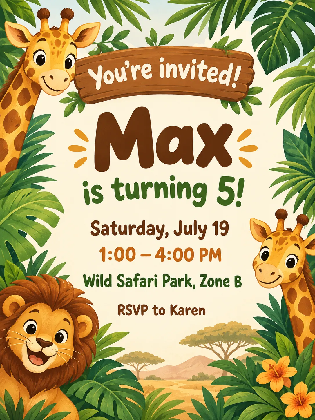 Jungle safari birthday invitation for Max's 5th birthday at Wild Safari Park, with a lion and giraffes
