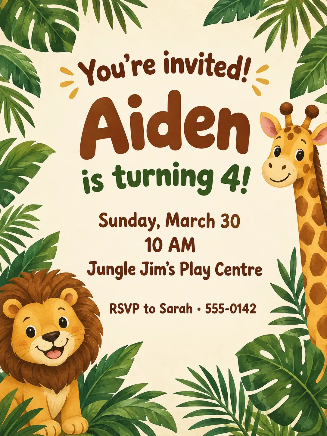 Jungle safari birthday invitation for Aiden's 4th birthday at Jungle Jim's Play Centre, with a lion and giraffes