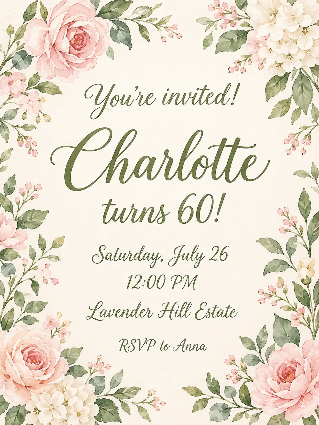 Soft floral birthday invitation for Charlotte's 60th birthday at Lavender Hill Estate
