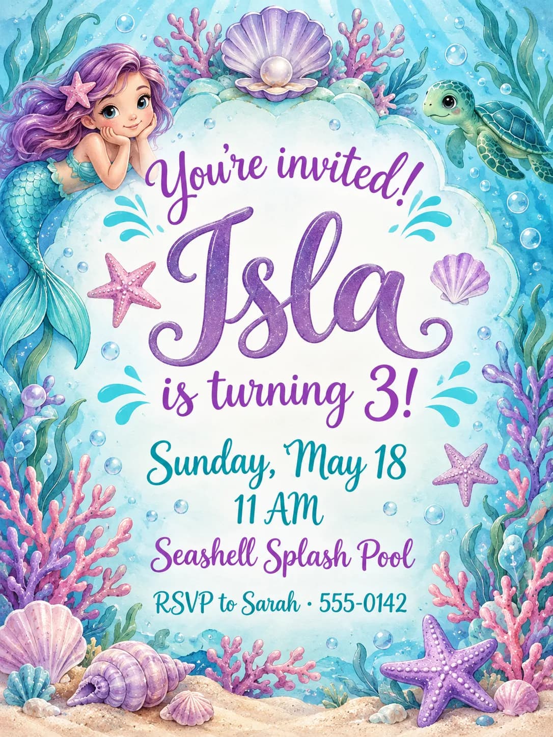 Under-the-sea birthday invitation for Isla's 3rd birthday at Seashell Splash Pool, with a mermaid and shells
