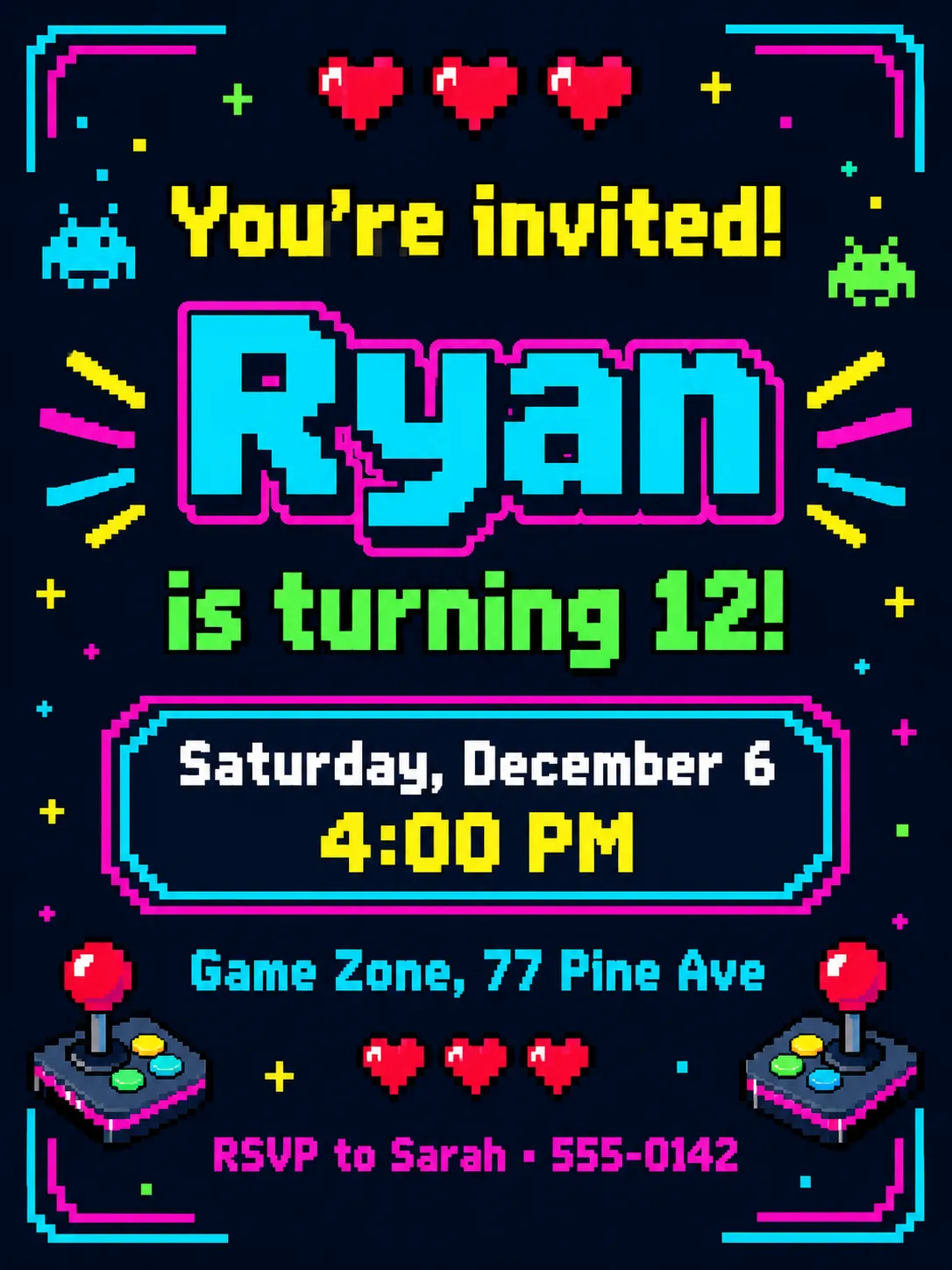 Neon retro arcade birthday invitation for Ryan's 12th birthday at Game Zone