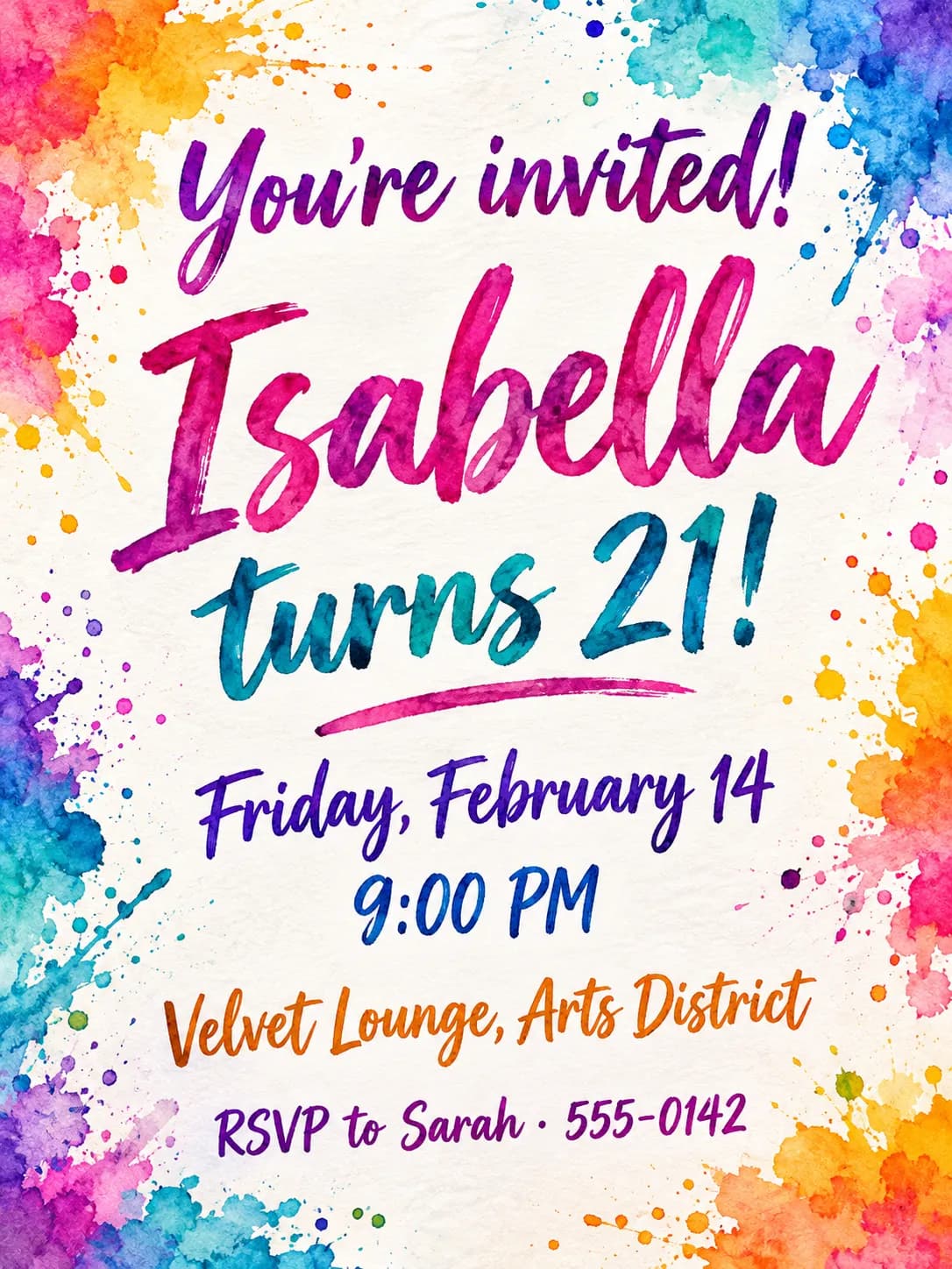 Watercolor splash birthday invitation for Isabella's 21st birthday at Velvet Lounge