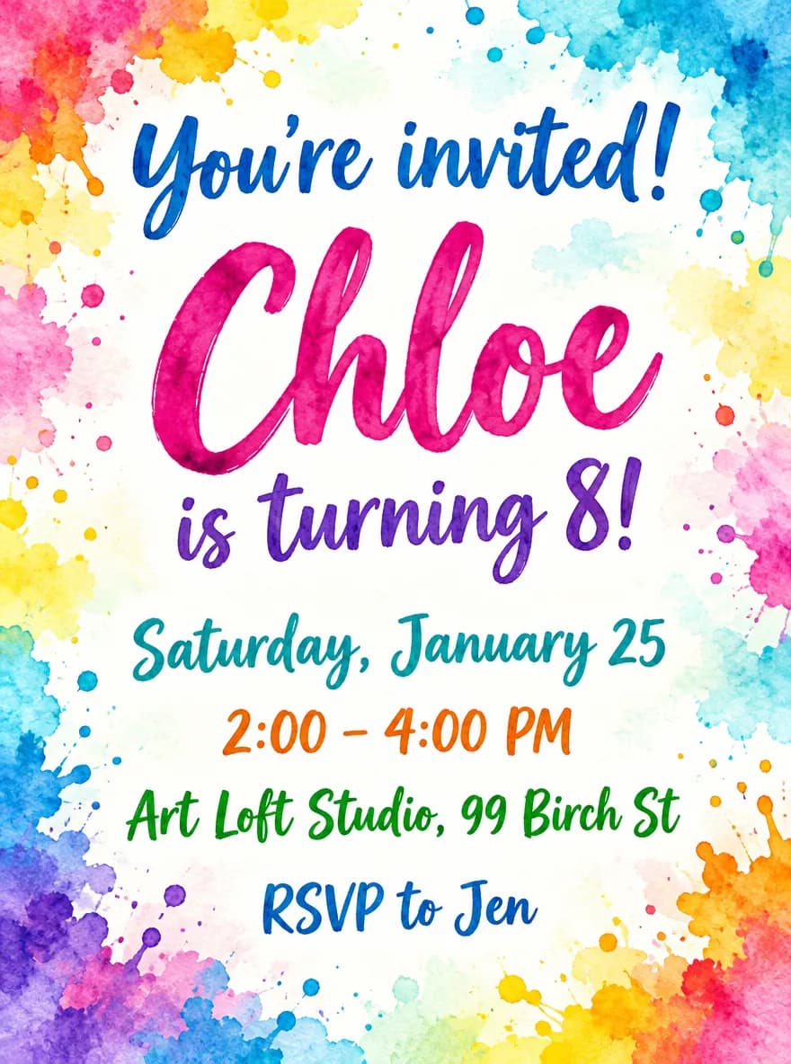 Watercolor splash birthday invitation for Chloe's 8th birthday at Art Loft Studio