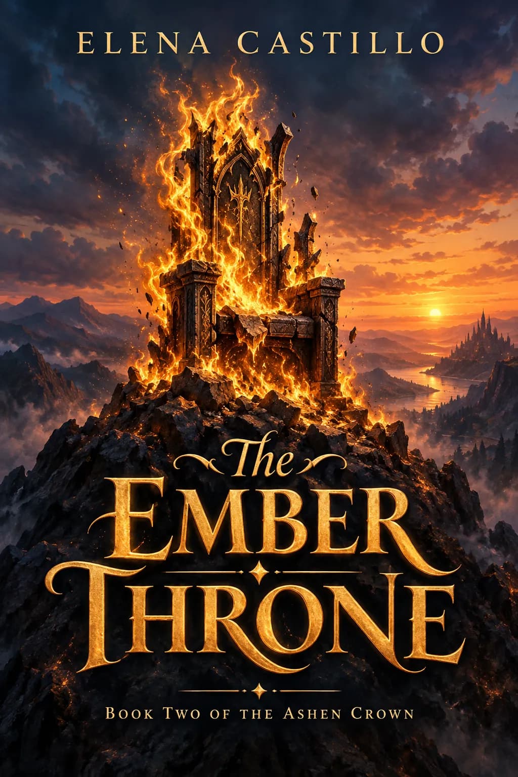Fantasy book cover for The Ember Throne by Elena Castillo, a throne wreathed in golden flames on a mountaintop