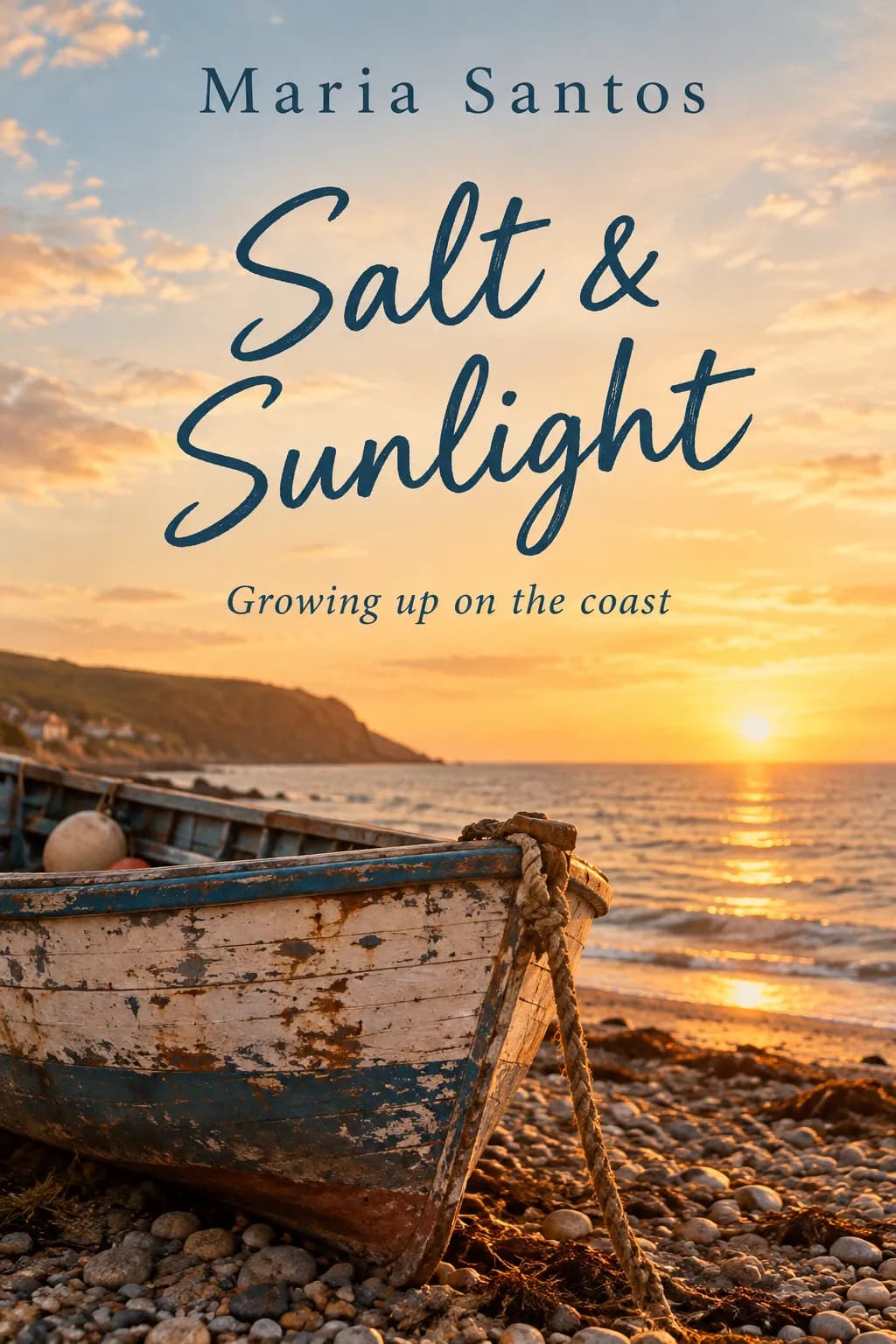 Memoir book cover for Salt & Sunlight by Maria Santos, a weathered fishing boat on a pebble beach at golden hour