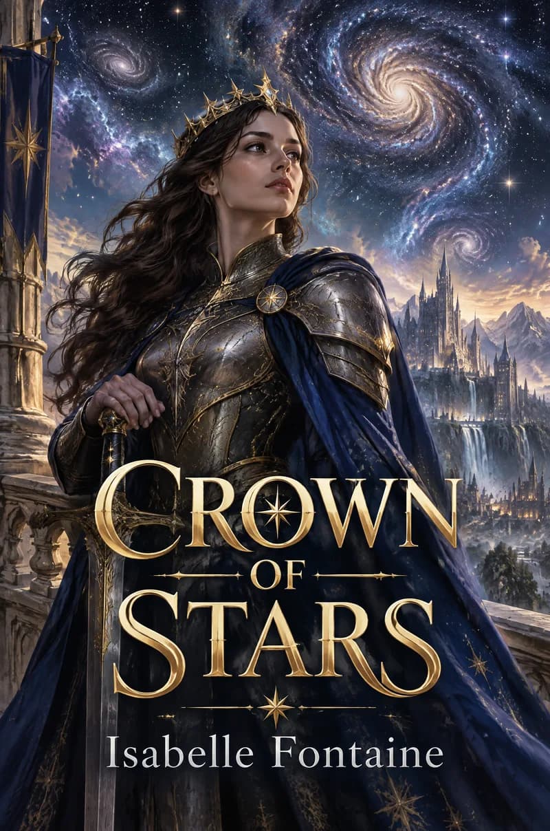 Fantasy book cover for Crown of Stars by Isabelle Fontaine, an armored young queen beneath a swirling galaxy