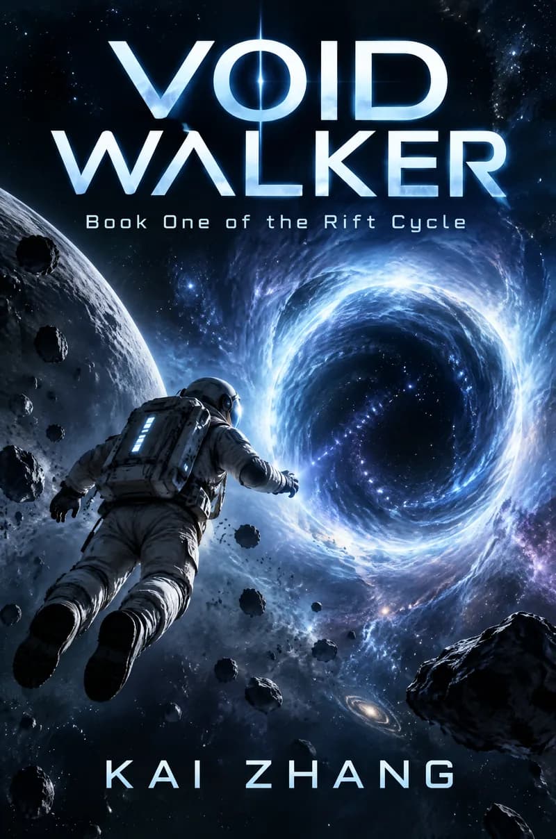 Science fiction book cover for Void Walker by Kai Zhang, an astronaut drifting toward a glowing blue portal