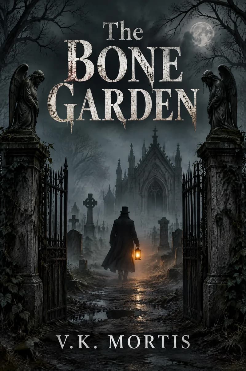 Horror book cover for The Bone Garden by V.K. Mortis, a lone figure with a lantern at a foggy cemetery gate