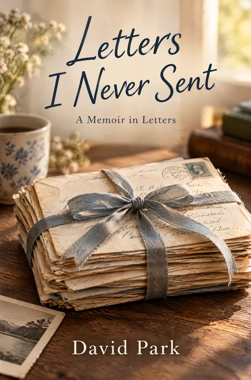 Memoir book cover for Letters I Never Sent by David Park, a bundle of handwritten letters tied with a ribbon