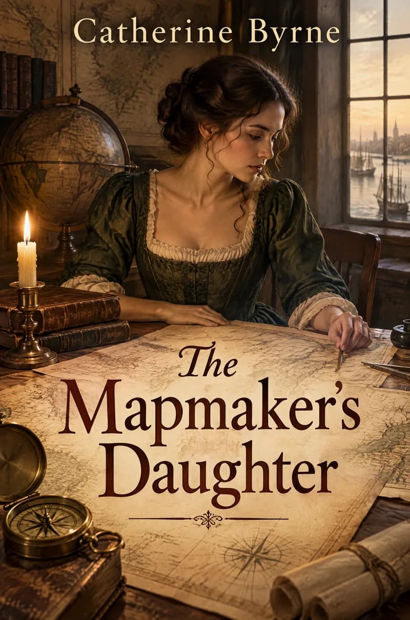 Historical fiction book cover for The Mapmaker's Daughter by Catherine Byrne, a woman by candlelight with maps and a compass