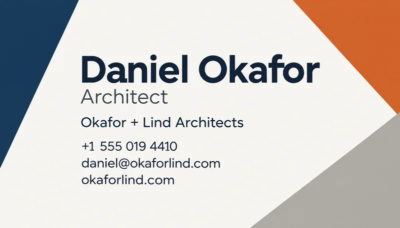 Modern business card for Daniel Okafor, Architect, with navy, orange and grey geometric color blocks