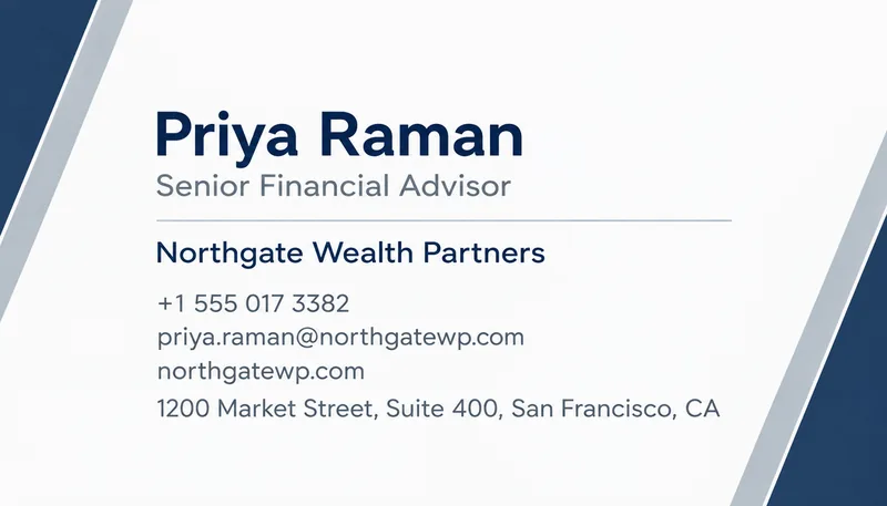 Corporate business card for Priya Raman, Senior Financial Advisor, in navy and grey with a diagonal accent band
