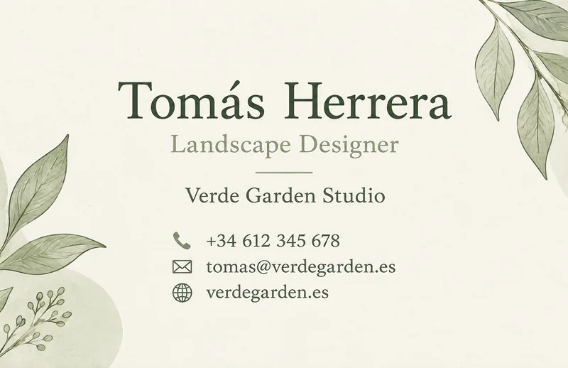 Nature-inspired business card for Tomás Herrera, Landscape Designer, with watercolor leaves on warm off-white stock