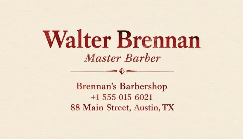 Vintage letterpress business card for Walter Brennan, Master Barber, in deep red ink on cream stock