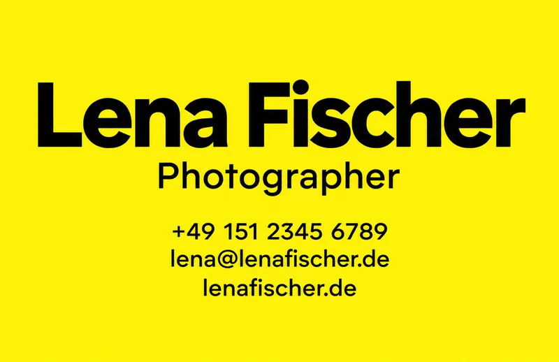 Bold business card for Lena Fischer, Photographer, with oversized black type on bright yellow