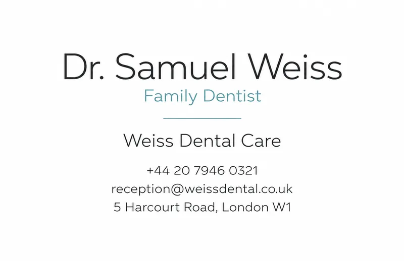 Minimal business card for Dr. Samuel Weiss, Family Dentist, with centered text and a teal accent on white
