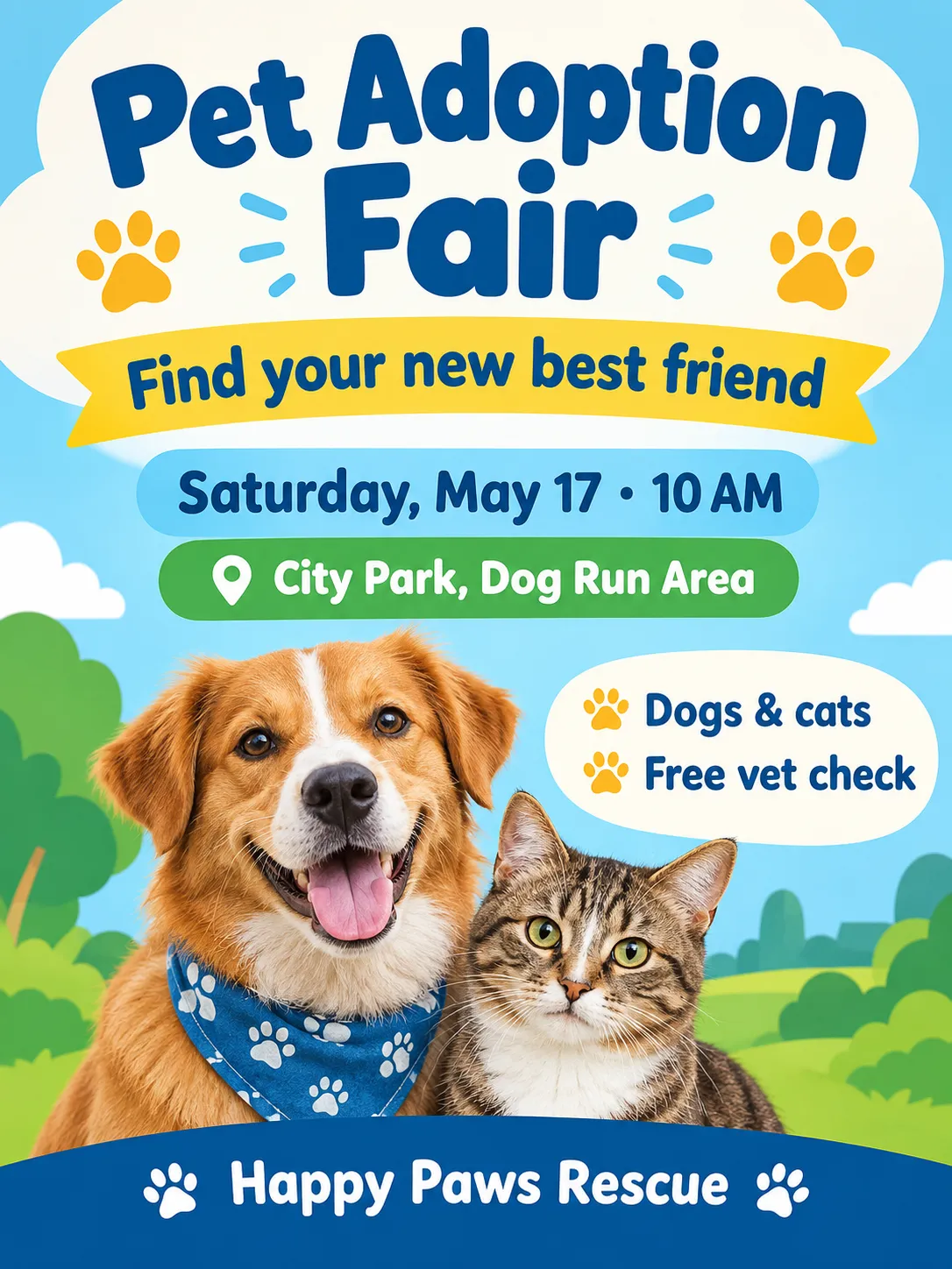 Pet Adoption Fair flyer showing a dog and a cat, with date, location and a rescue group name