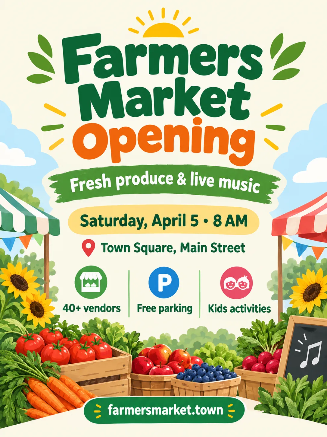 Farmers Market Opening flyer with fresh vegetables, a bright green header and vendor details
