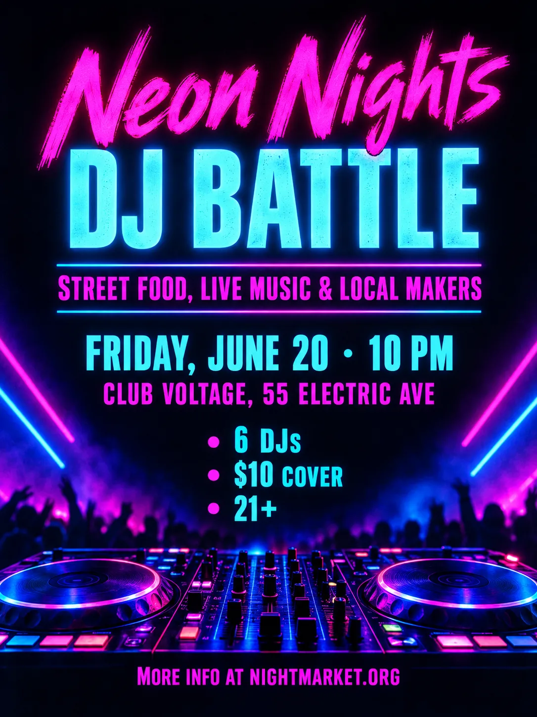 Neon Nights DJ Battle flyer with glowing neon lettering on a dark purple background