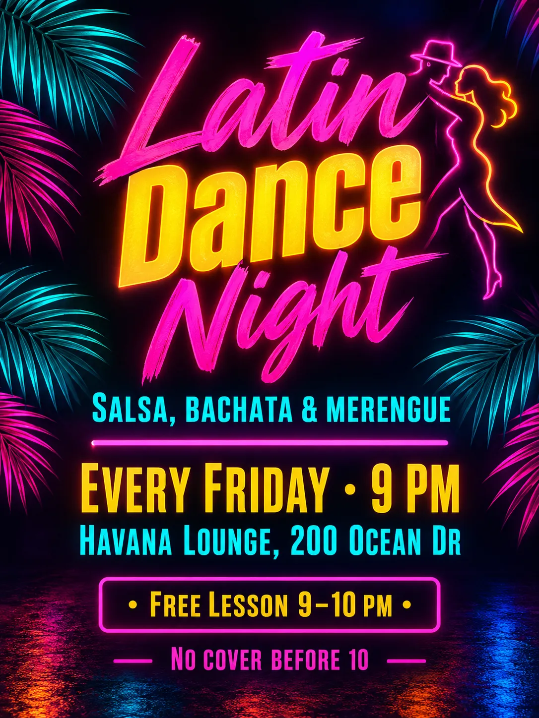 Latin Dance Night flyer with a neon dancer silhouette, palm leaves and glowing pink and yellow lettering
