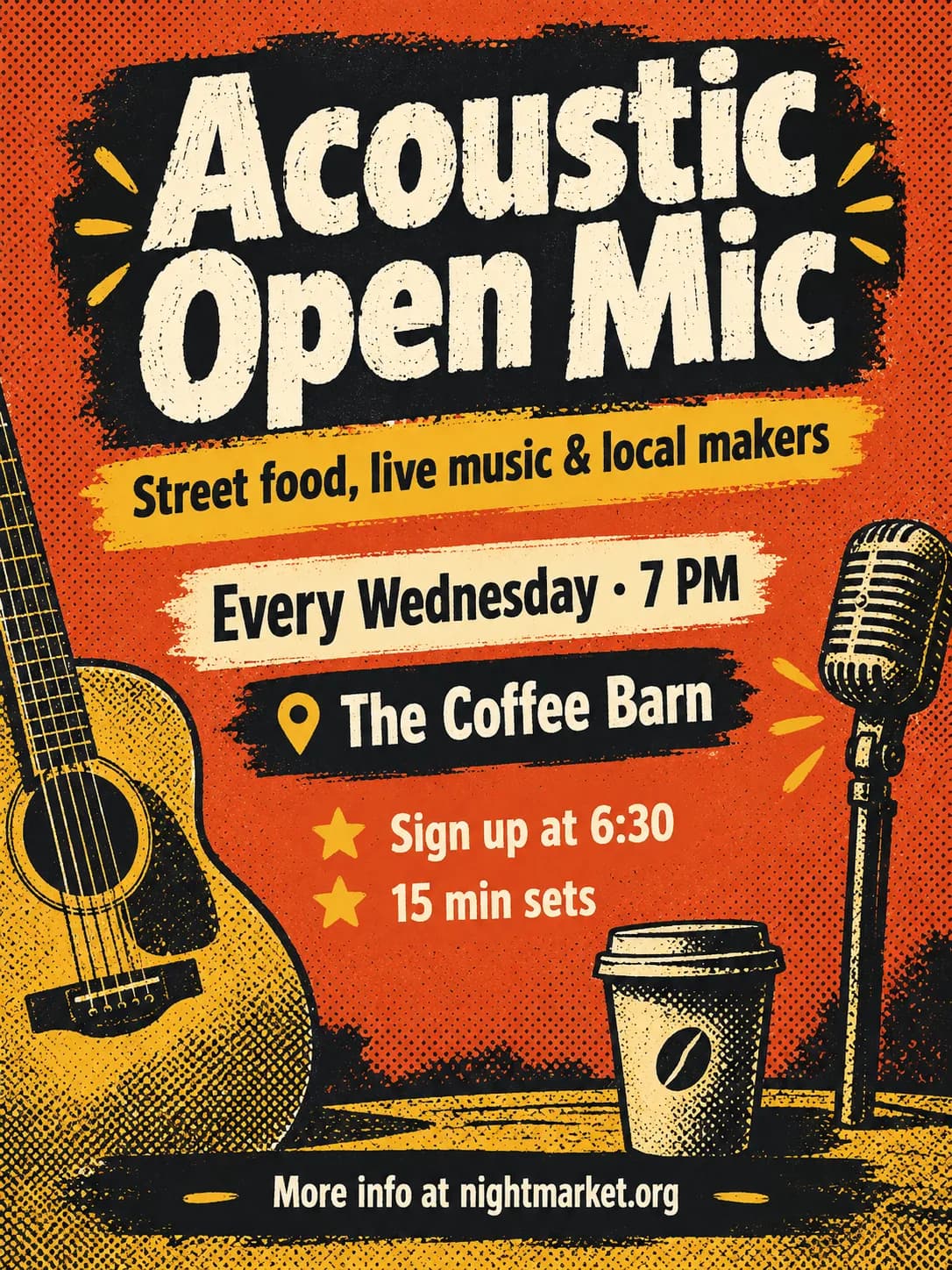 Acoustic Open Mic poster with an acoustic guitar and coffee cup on a warm orange background