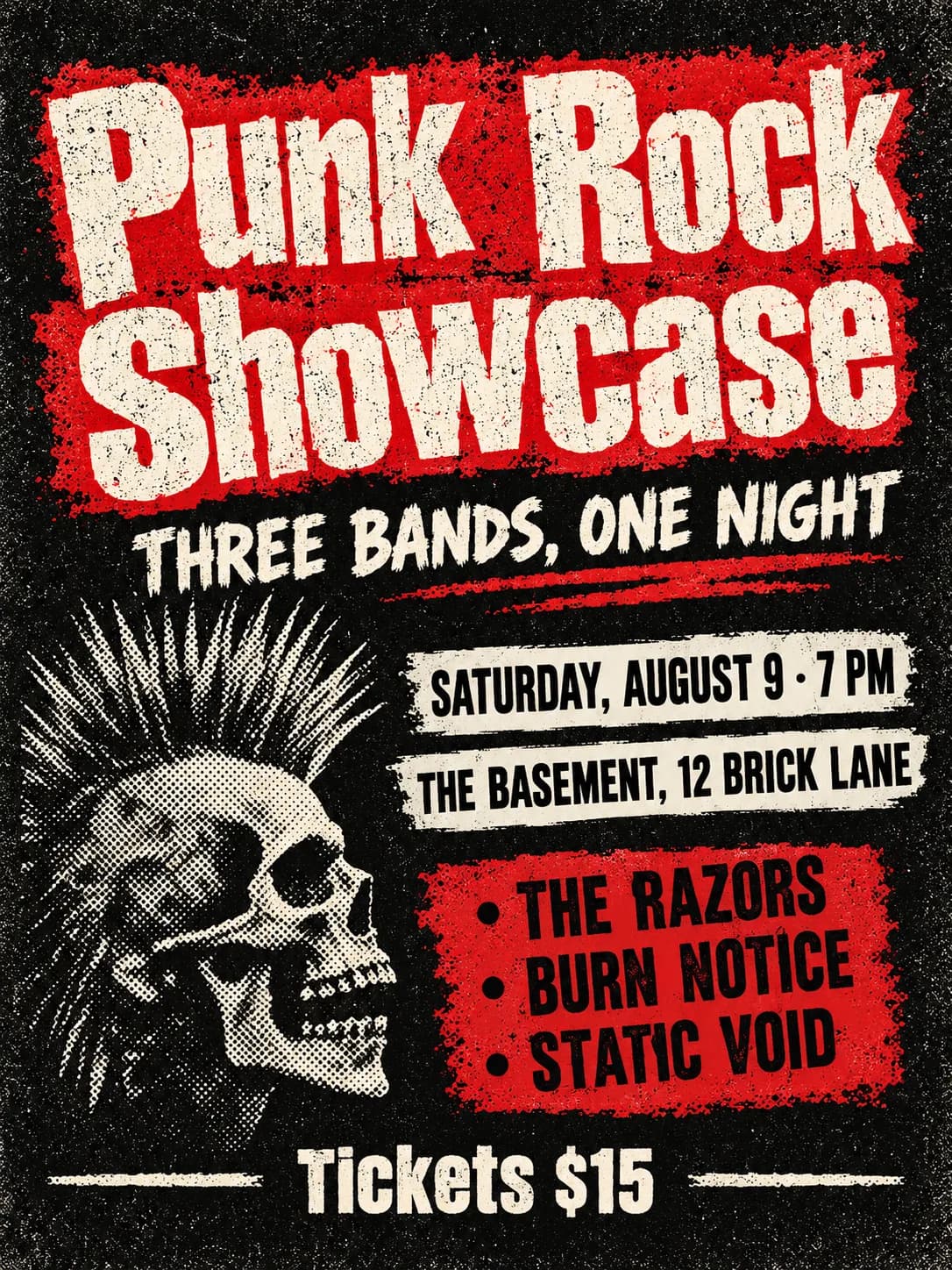 Punk Rock Showcase gig poster with a skull illustration, red and black grunge type