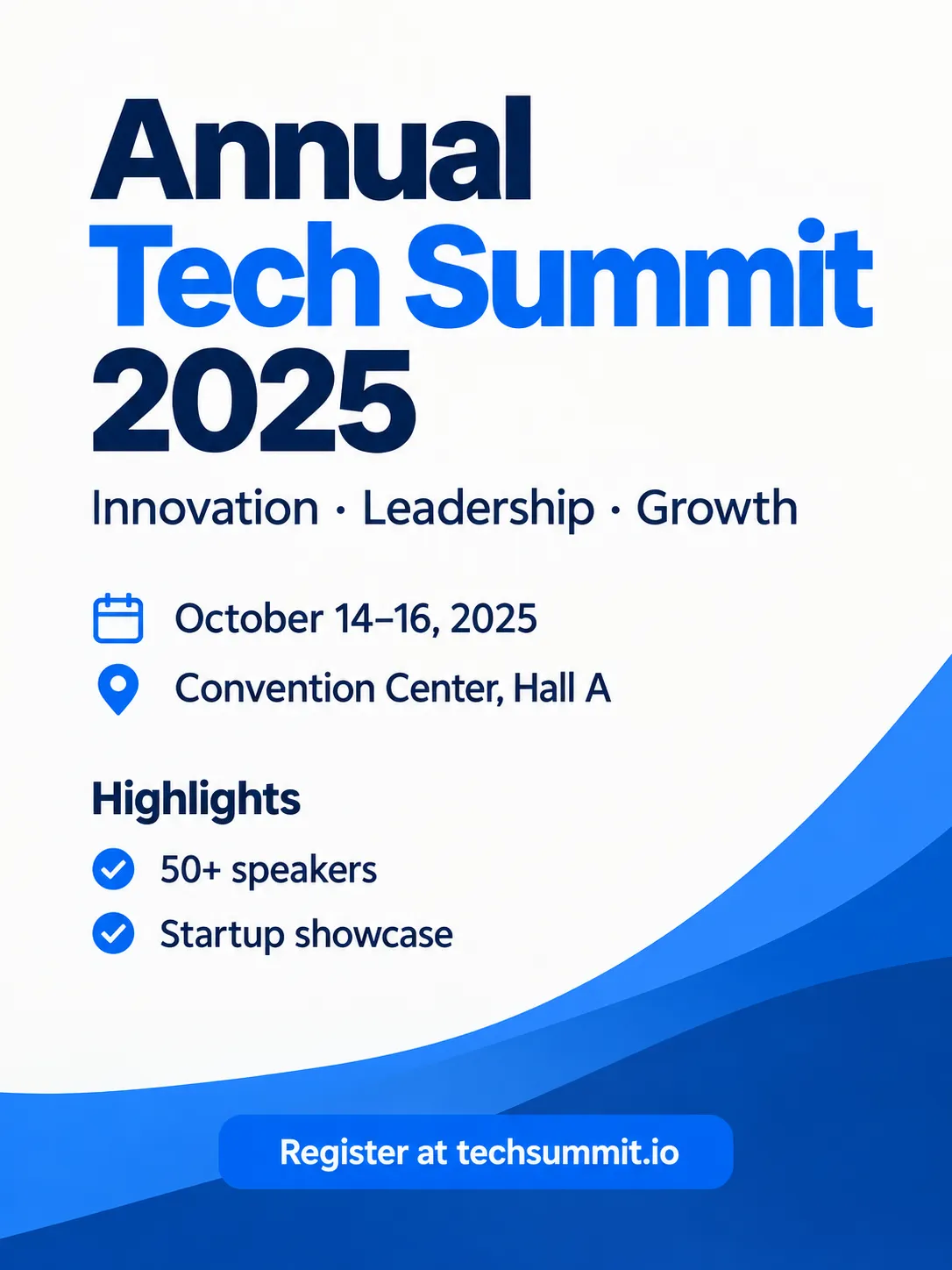 Annual Tech Summit 2025 flyer in a clean blue and white layout with event details