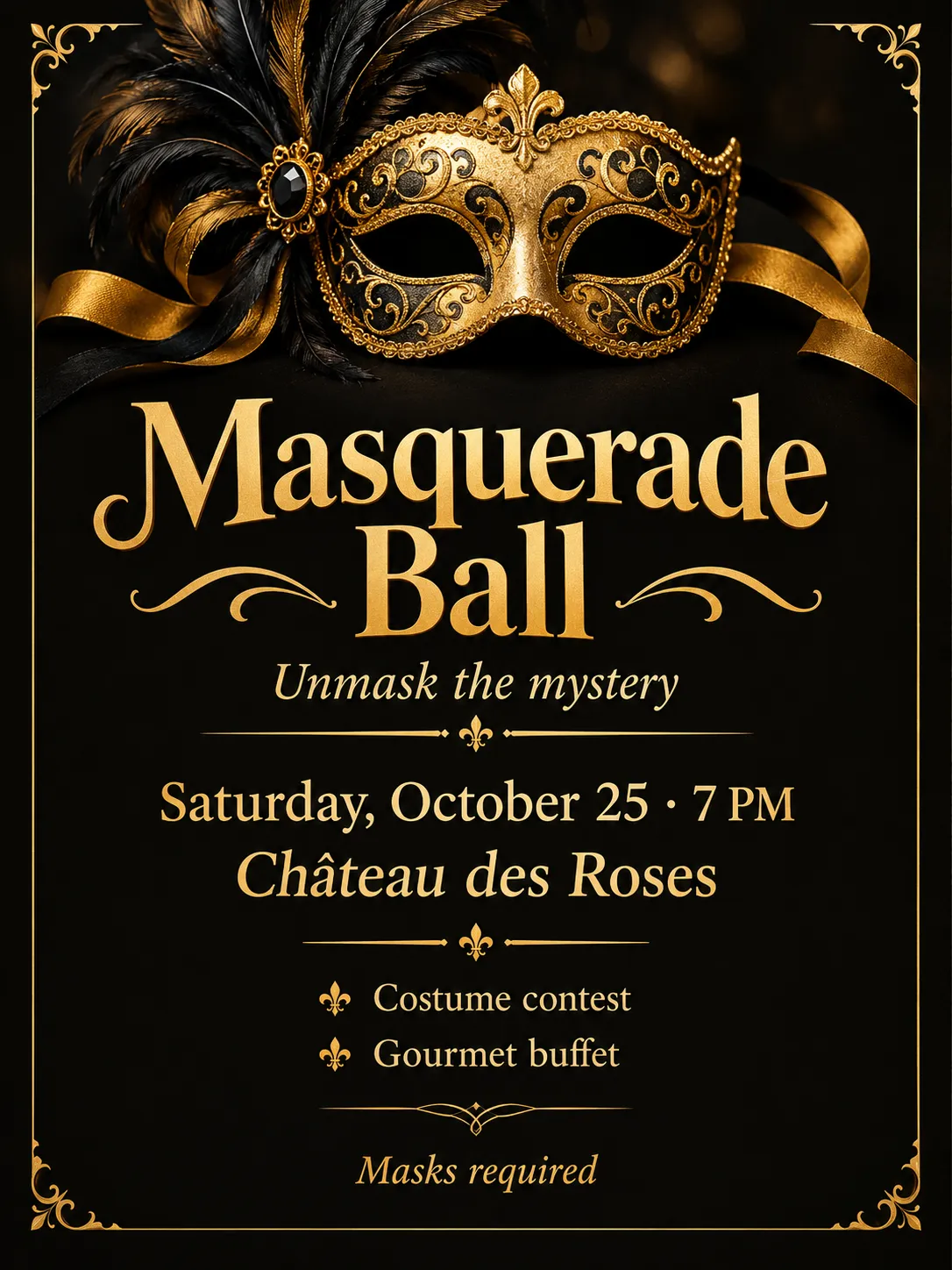 Masquerade Ball flyer with an ornate gold feathered mask on a black background