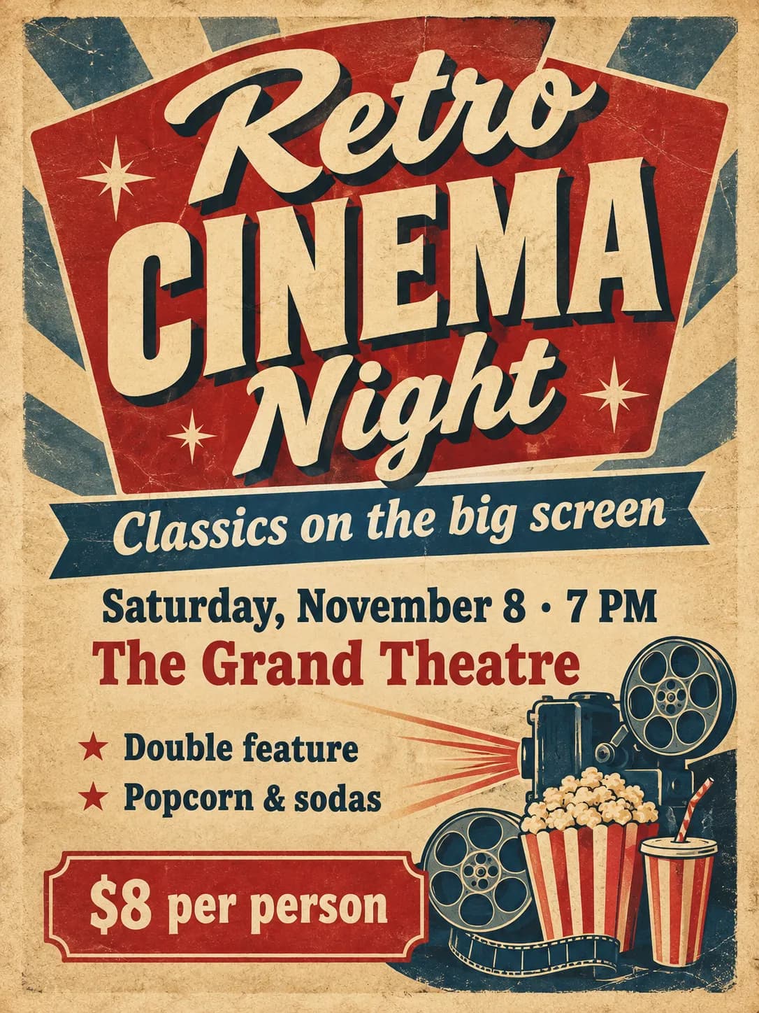 Retro Cinema Night poster with a film reel, popcorn and a red cinema palette