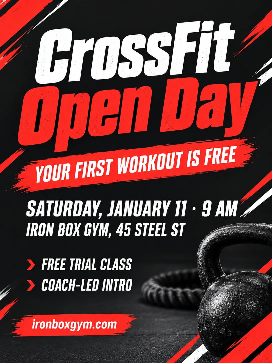 CrossFit Open Day flyer in black and red with a kettlebell