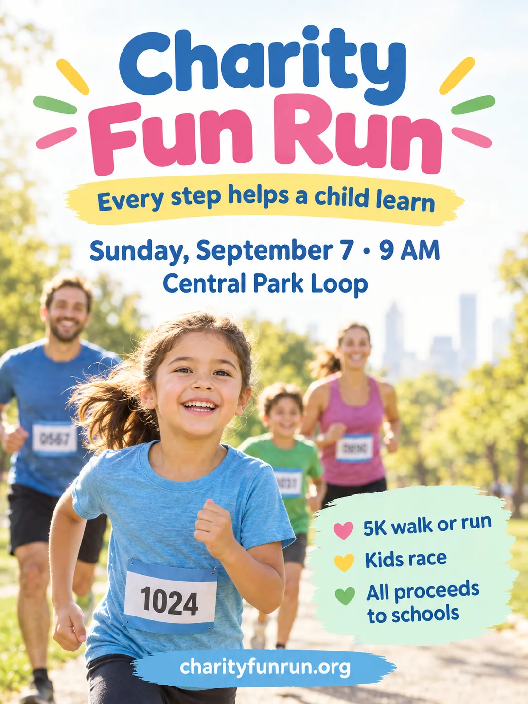 Charity Fun Run flyer with a smiling child running in a race bib