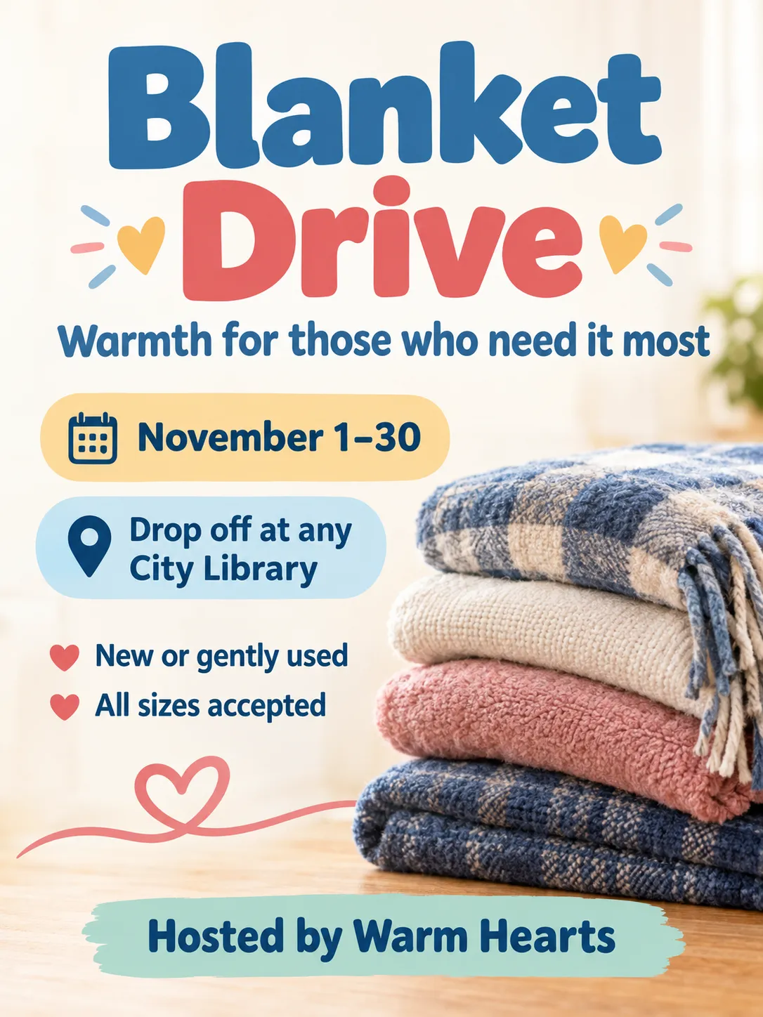 Blanket Drive flyer with folded blankets in warm tones and drop-off information