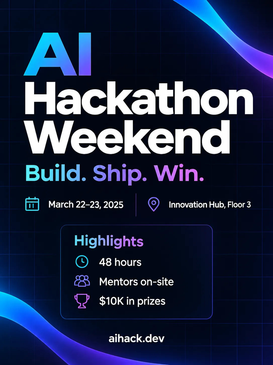 AI Hackathon Weekend flyer on a dark navy background with glowing purple curves and a highlights panel