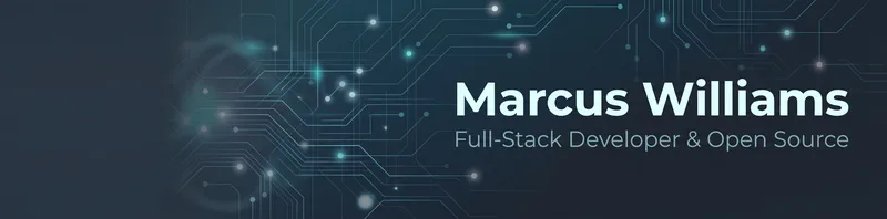 LinkedIn banner for Marcus Williams, Full-Stack Developer, with glowing circuit-board lines on a dark background