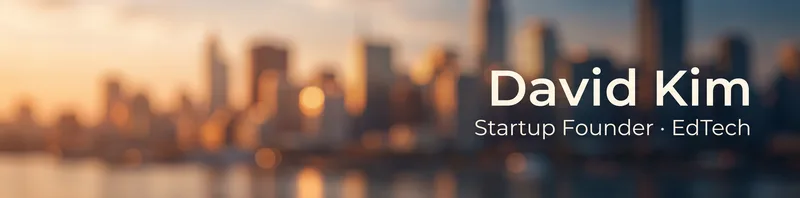 LinkedIn banner for David Kim, Startup Founder, over a blurred city skyline at golden hour