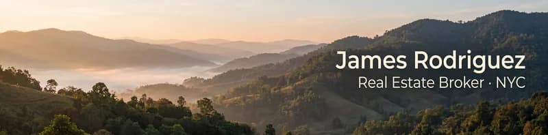 LinkedIn banner for James Rodriguez, Real Estate Broker, over misty green hills at sunrise