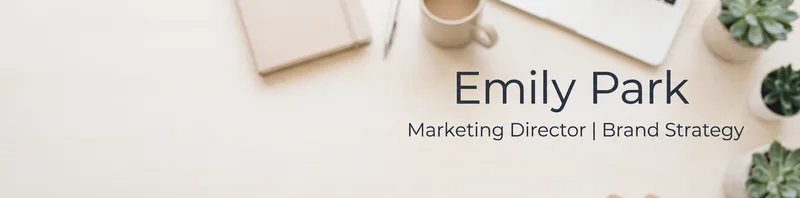 LinkedIn banner for Emily Park, Marketing Director, on a bright desk with a notebook, coffee cup and succulents