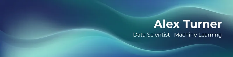 LinkedIn banner for Alex Turner, Data Scientist, on a blue and teal gradient with flowing waves