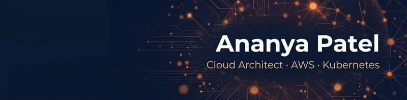 LinkedIn banner for Ananya Patel, Cloud Architect, with glowing orange network nodes on dark navy