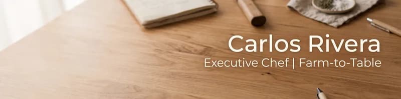 LinkedIn banner for Carlos Rivera, Executive Chef, on a warm wooden table with a notebook and a pen