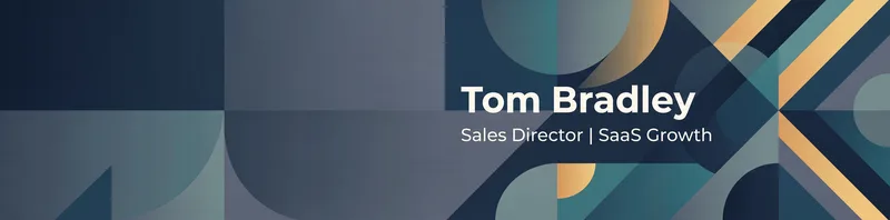 LinkedIn banner for Tom Bradley, Sales Director, with a navy, teal and gold geometric pattern