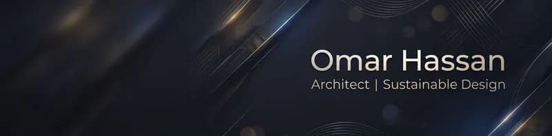 LinkedIn banner for Omar Hassan, Architect, on a dark premium background with fine light streaks